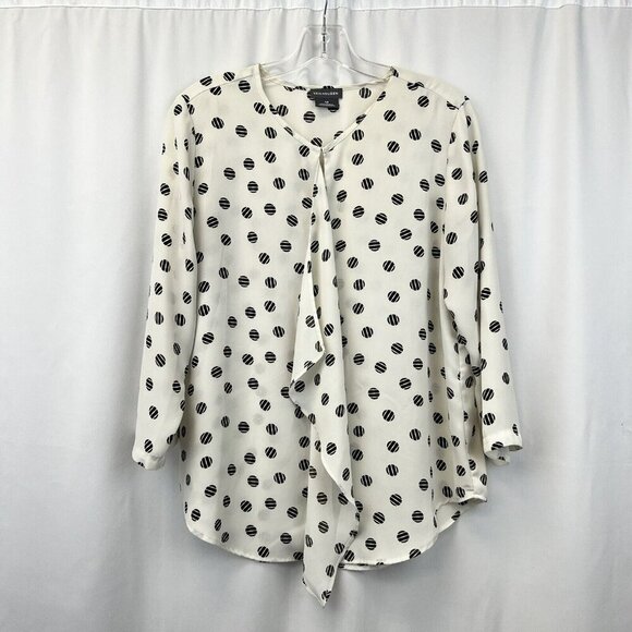 Van Heusen Key Hole 3/4 Sleeve Ruffle Blouse Ivory/Black Dotted Womens Medium - Picture 1 of 9